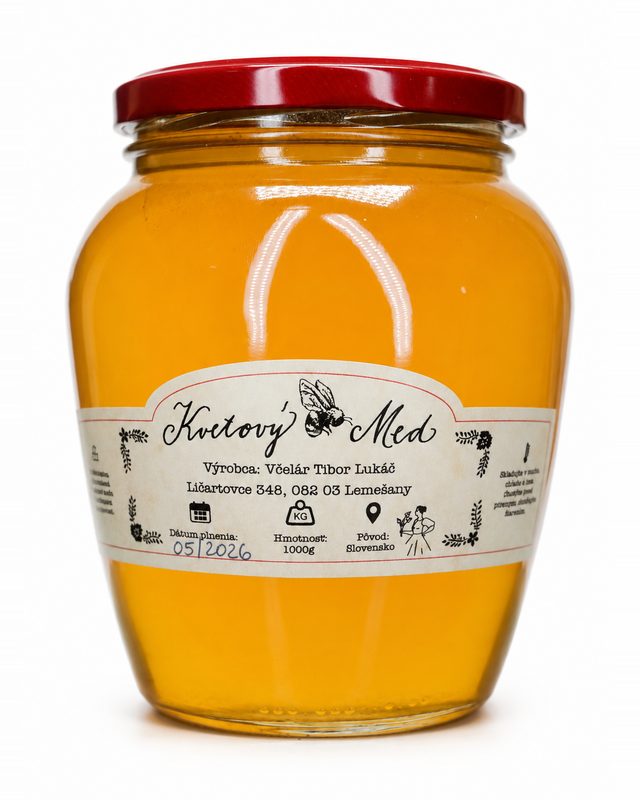 Amfora agátovo-malinového medu s červeným vrchnákom, 1 000 g.
